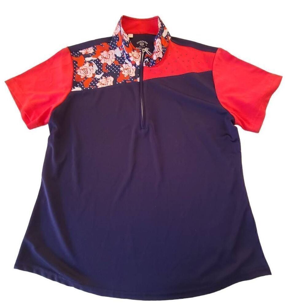 Monterey Womens Floral Short Sleeve Half Zip Golf Polo Multicolor Top Large